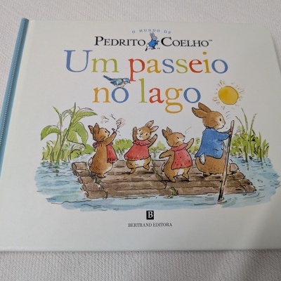 Livro infantil Um passeio no lago com ilustração de coelhos e lago
