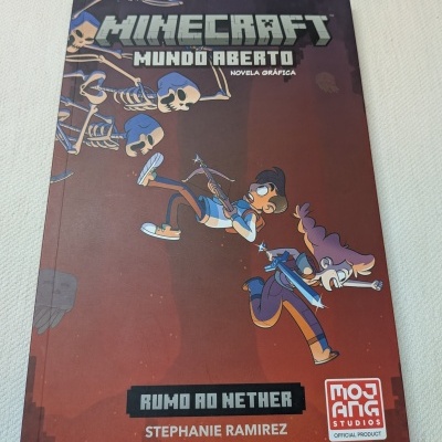 Capa de livro gráfico Minecraft com personagens animados e esqueletos azuis