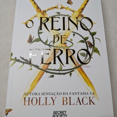 Capa do livro O Reino de Ferro de Holly Black com duas espadas cruzadas e ramos verdes