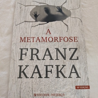 Capa de livro A Metamorfose de Franz Kafka com sombra de inseto e silhueta humana
