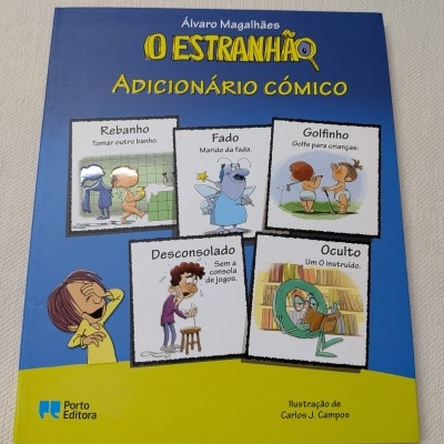 Capa de livro infantil azul e amarela com texto e ilustrações humorísticas.