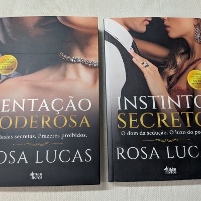 Duas capas de livros com títulos Tentação Poderosa e Instinto Secreto de Rosa Lucas