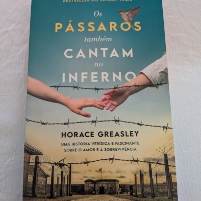 Capa de livro Os Pássaros também cantam no Inferno com céu azul, mãos se tocando e arame farpado
