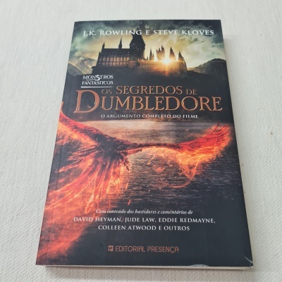 Capa do livro 'Os Segredos de Dumbledore' com imagem de ave flamejante e castelo Hogwarts ao fundo.