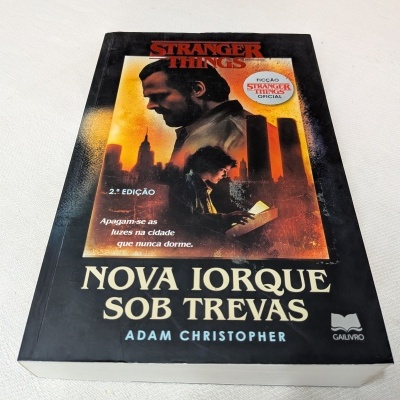 Capa do livro Stranger Things: Nova Iorque Sob Trevas com imagens e textos em laranja e branco