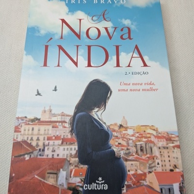 Capa do livro A Nova Índia com imagem de mulher grávida e cidade ao fundo