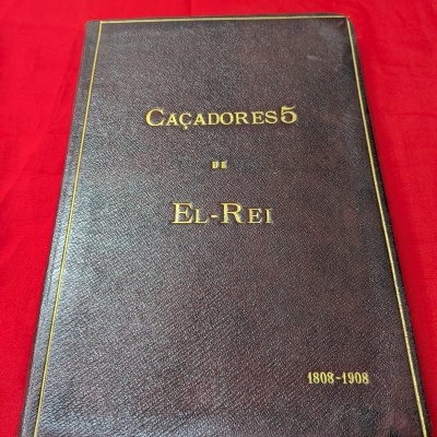 Livro antigo de capa dura em couro castanho com texto dourado sobre fundo vermelho