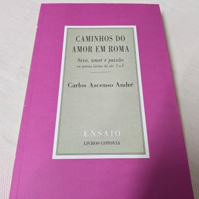 Livro com capa roxa e texto preto em área cinzenta no centro.