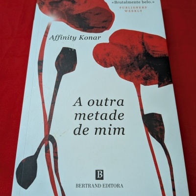 Capa de livro branca com flores vermelhas e pretas e texto