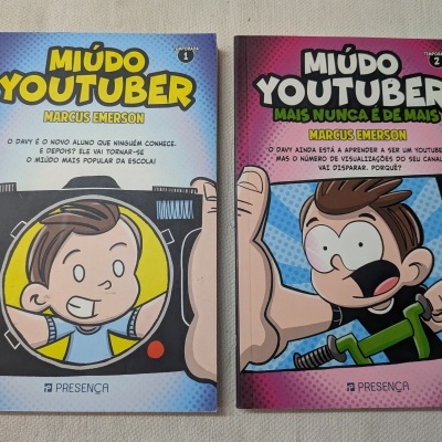 Capas de dois livros infantis, MIÚDO YOUTUBER, temporada 1 e 2, em azul e rosa.