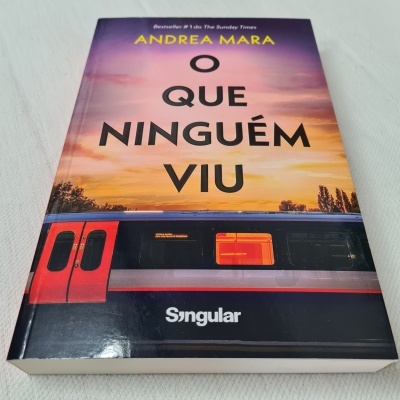 Capa do livro 'O QUE NINGUÉM VIU' de Andrea Mara com imagem de comboio e pôr do sol