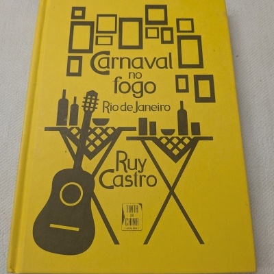 Livro amarelo Carnaval no fogo com ilustrações a preto e texto na capa.