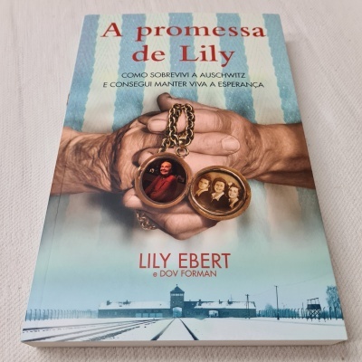 Livro 'A promessa de Lily' com capa mostrando mãos segurando relicário e imagem do campo de Auschwitz