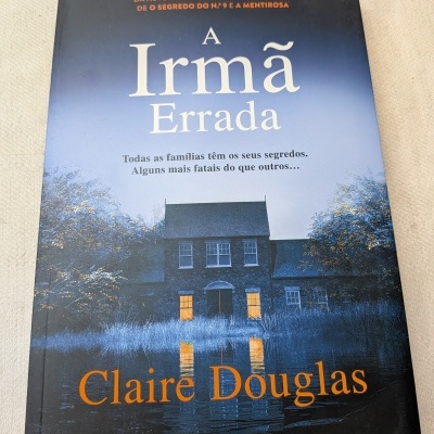 Livro A Irmã Errada com capa azul escura e imagem de casa iluminada junto à água