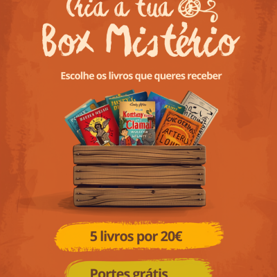 Promoção de box de livros mistério com 5 livros por 20€ e portes grátis