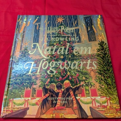 Livro infantil Natal em Hogwarts com ilustrações coloridas festivas