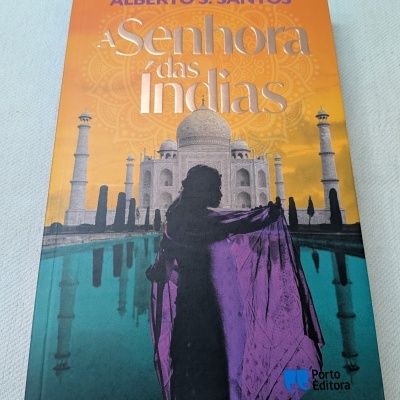 Capa de livro A Senhora das Índias com ilustração do Taj Mahal e silhueta de mulher