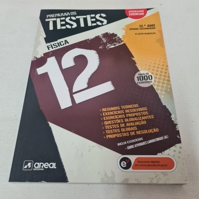 Livro preparar testes de Física 12.º ano com várias cores e texto detalhado na capa