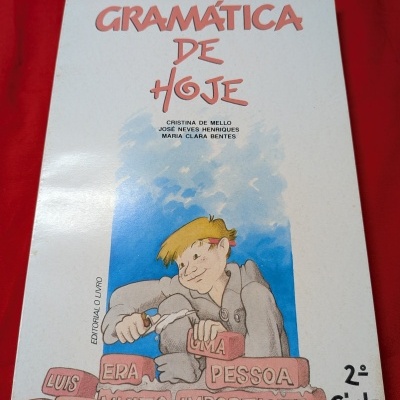 Capa de livro escolar Gramática de Hoje com ilustração de criança e tijolos com palavras