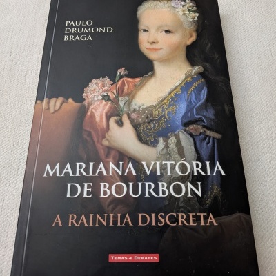 Livro Mariana Vitória de Bourbon com pintura de mulher em vestido azul e rosa