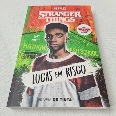 Capa do livro Stranger Things 'Lucas em Risco' com imagem de rapaz e textos relacionados