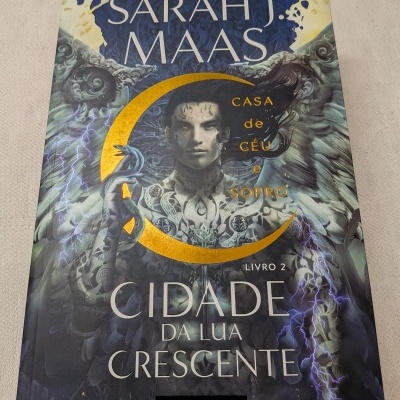 Capa do livro Cidade da Lua Crescente com figura masculina tatuada e asas em padrão azul, cinza e dourado