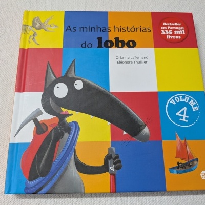 Capa de livro infantil colorido As minhas histórias do lobo com um lobo animado e textos