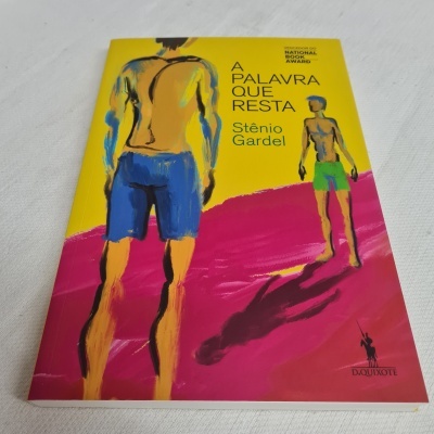 Capa de livro com ilustração de duas figuras masculinas e texto em amarelo e rosa