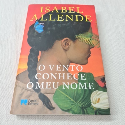 Capa do livro O Vento Conhece o Meu Nome de Isabel Allende com ilustração de mulher e paisagem