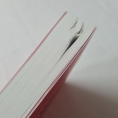 Livro com capa dura rosa e páginas brancas visivelmente usadas