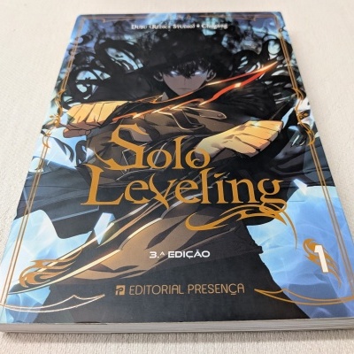 Capa do livro Solo Leveling em tons de azul e preto com texto dourado