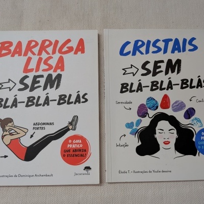 Duas capas de livros com textos e ilustrações em fundo branco