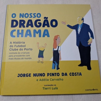 Capa de livro amarelo com título O NOSSO DRAGÃO CHAMA e ilustração de pessoas.