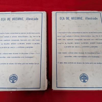 Dois livros brancos com texto azul em capa dura sobre tecido vermelho