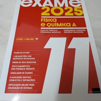 Capa do livro Exame 2025 Física e Química A, 11.º ano, com fundo vermelho e branco, com texto e autores visíveis