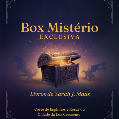 Box Mistério Exclusiva com caixa dourada aberta e sombras de dragões em fundo azul.