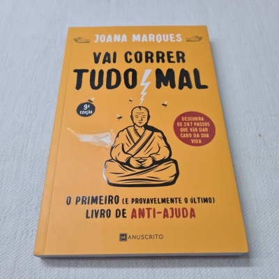Livro 'Vai Correr Tudo Mal' de Joana Marques com capa amarelo-alaranjada e ilustração de figura meditando