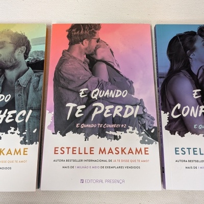 Capas de três livros com imagens de casais e títulos em português.