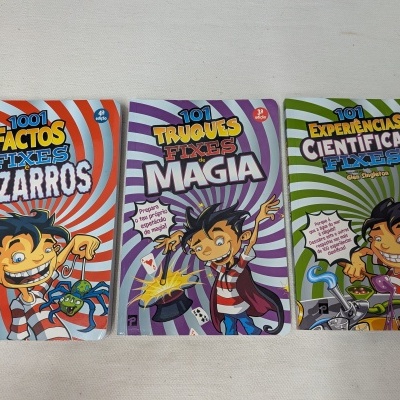 Três livros infantis coloridos com títulos em português sobre factos, magia e experiências científicas.
