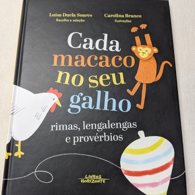 Capa de livro preto com texto colorido e ilustrações de um macaco, uma galinha e um pião