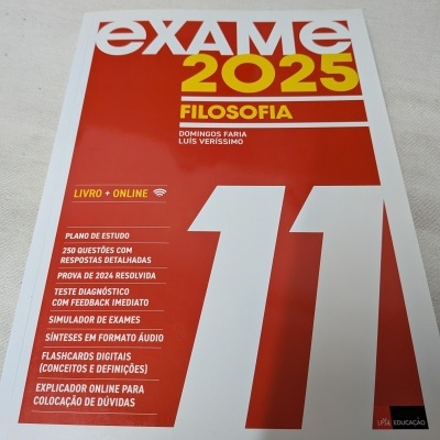 Capa do livro Exame 2025 Filosofia 11.º ano em branco e vermelho.