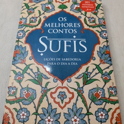 Capa de livro colorida com flores e texto azul e vermelho