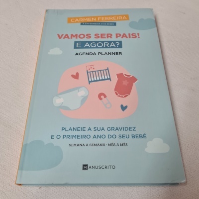 Capa de livro azul com ilustrações de objetos de bebé e texto em português