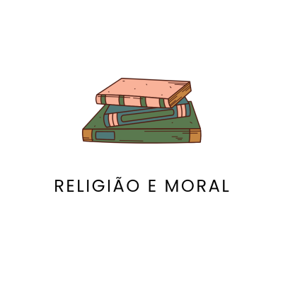 Três livros empilhados coloridos com texto RELIGIÃO E MORAL