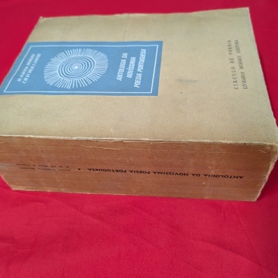 Livro Antologia da Novíssima Poesia Portuguesa com capa castanha e etiqueta azul