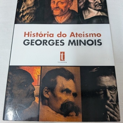 Capa de livro História do Ateísmo de Georges Minois com retratos históricos.