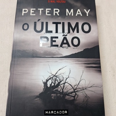 Capa de livro O ÚLTIMO PEÃO de Peter May com imagem de tronco seco em água e montanhas cinzentas