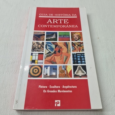 Capa de livro 'Guia de História da Arte Contemporânea' com imagens coloridas de obras de arte