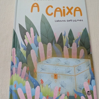 Capa de livro infantil com título A CAIXA e ilustração de uma caixa azul entre plantas coloridas