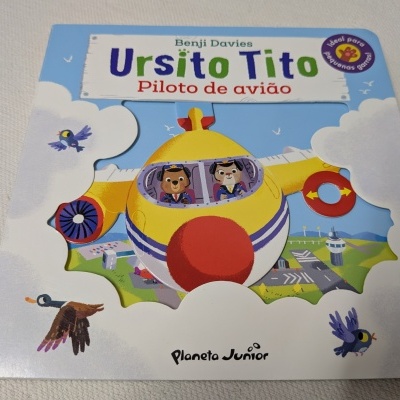 Livro Ursito Tito Piloto de avião com capa colorida e ilustrações de avião e animais.